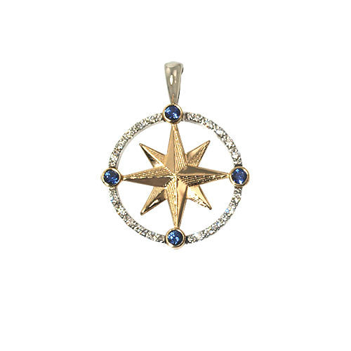 Compass Rose 14K gold, diamond & saphires