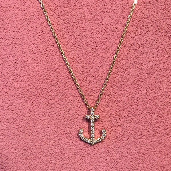 14K Yellow Gold & Diamond Anchor Necklace